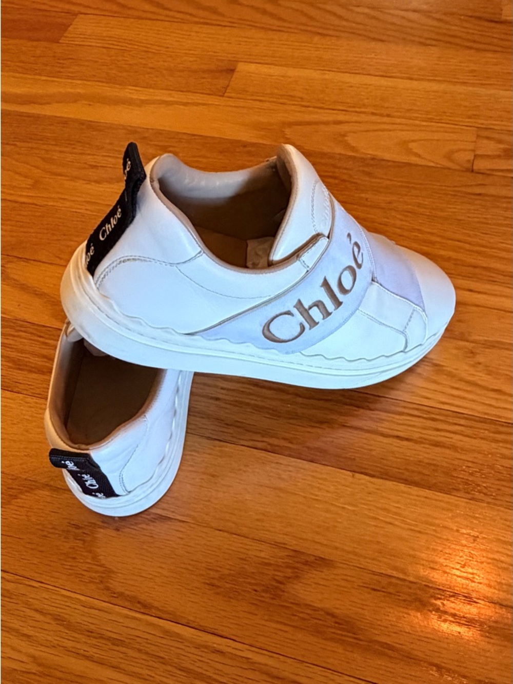 CHLOÉ 38 White Leather Slip-On Sneakers with Black Heel Tab
